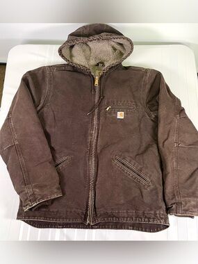 Vintage Carhartt Sherpa Lined Hooded Duck Canvas Work Jacket Brown Women’s Small
